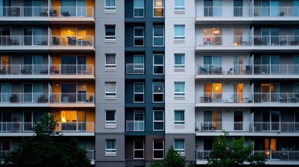 Fototapeta premium Modern apartment building facade at dusk with glowing windows and balconies.