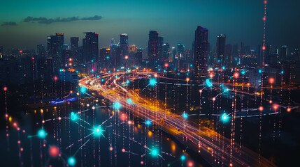 Obraz premium Smart digital city with connection cyber security network reciprocity over the cityscape . future smart wireless digital city and social media networking systems that connects people within the city