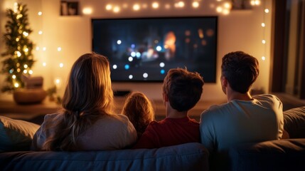 Happy family watching TV, movies in the evening at home. Couple spending time together.
