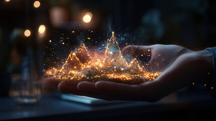 Hand holding glowing mountain landscape with sparkles and lights, creating magical atmosphere