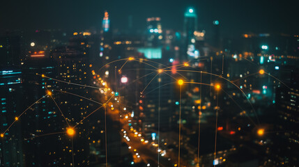 Fototapeta premium Smart digital city with connection cyber security network reciprocity over the cityscape . future smart wireless digital city and social media networking systems that connects people within the city