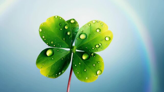 Fresh green four-leaf clover on green background, St. Patricks Day luck.