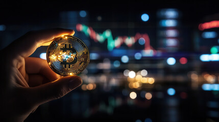 Fototapeta premium close up of hand holding shining gold Bitcoin coin, symbolizing wealth and investment in cryptocurrency