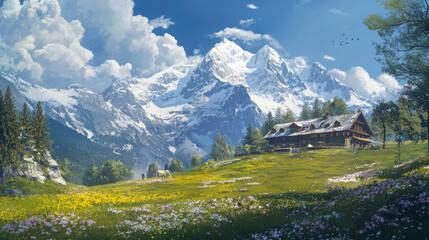 Idyllic alpine landscape with mountain chalet blooming meadows snowcapped peaks nature scene daylight viewpoint