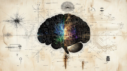creative blend of human brain and circuit board, showcasing neural connections and technology