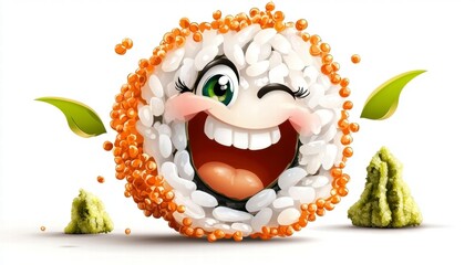 Playful sushi character smiling with joy food illustration bright background whimsical theme