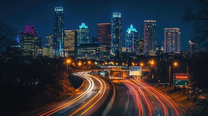 Obraz premium Night View of Austin Skyline with Traffic Trails