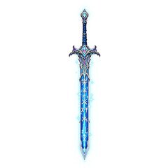 Enchanted sword with glowing blue blade and gemstone hilt, isolated fantasy object, stock photo