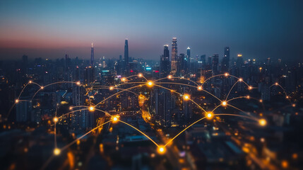 Smart digital city with connection cyber security network reciprocity over the cityscape . future smart wireless digital city and social media networking systems that connects people within the city
