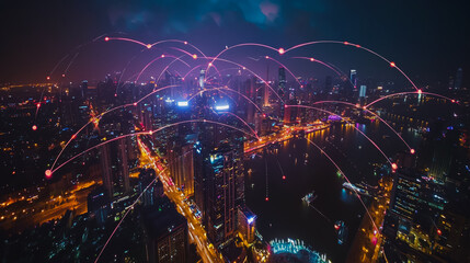 Smart digital city with connection cyber security network reciprocity over the cityscape . future smart wireless digital city and social media networking systems that connects people within the city
