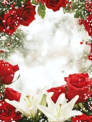 Elegant Christmas Frame with Red Roses and White Lilies Surrounded by Snowflakes for Festive Decorations and Holiday Cards
