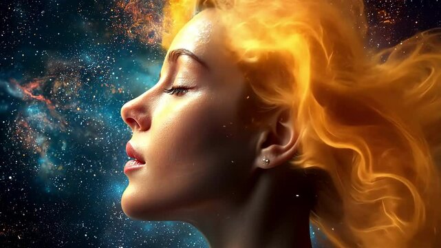 The image depicts a woman's astral body embarking on a psychedelic journey during a near death experience, as her spirit travels through vibrant and otherworldly dimensions.