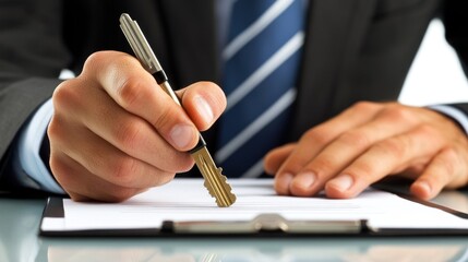 Businessman Signing Contract with Keys
