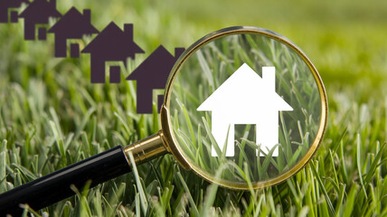 Find a home to buy search by address. House and magnifying glass. Take a mortgage. Investments in immovable assets. Property Inspection. Searching for real estate to buy.