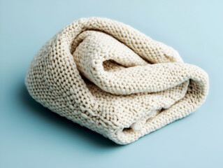 Fototapeta premium A knitted white blanket is folded up on a blue surface. The blanket is white and has a knitted texture