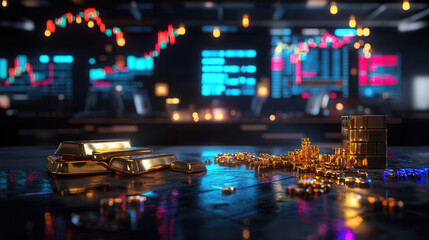 Fototapeta premium Futuristic trading floor with gold bars, digital screens, and market data. atmosphere is vibrant and dynamic, showcasing wealth and technology