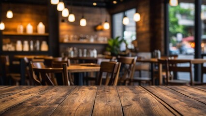 Empty wooden table top with lights bokeh on blur restaurant background