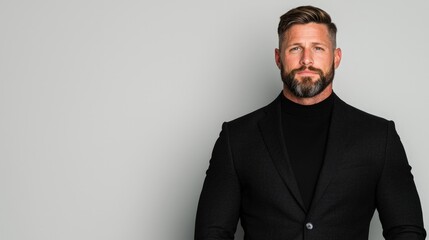 Obraz premium Confident businessman in black suit and turtleneck.