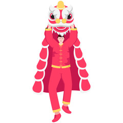 Chinese Man Playing Lion Dance Illustration