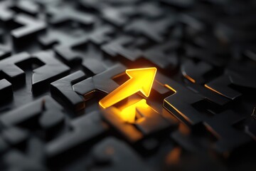 A 3D-rendered yellow arrow glowing amidst black arrows on a reflective black surface, with subtle light flares and shadows adding depth.