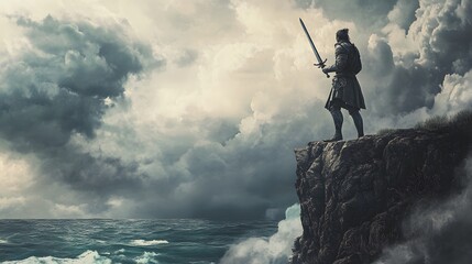 Heroic warrior stands on cliff overlooking ocean dramatic skies fantasy art epic landscape adventure theme