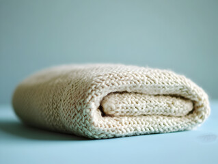 Fototapeta premium A white knitted blanket is folded up on a blue surface. The blanket is made of wool and has a soft texture. Concept of warmth and comfort, as the blanket is a cozy