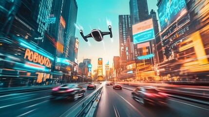 Fototapeta premium Drone racing action in urban cityscape high-speed traffic vibrant advertisements futuristic technology concept