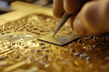 A close-up view of semiconductor packaging, showing a worker placing a computer chip into a package with delicate tools, emphasizing the precision required in the process.