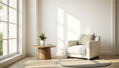 A minimalist living room with a white armchair, a wooden side table with a plant , and natural light streaming in through a window