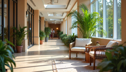 Modern interior with plants, bright hallway, cozy seating area, soft focus