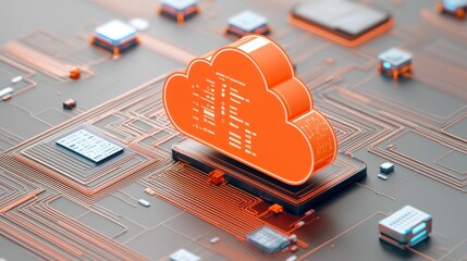 A vibrant cloud symbol on a circuit board, representing cloud computing technology and digital connectivity.