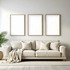 A cozy living room with a beige sofa, neutral-colored throw pillows, and three empty frames on the wall