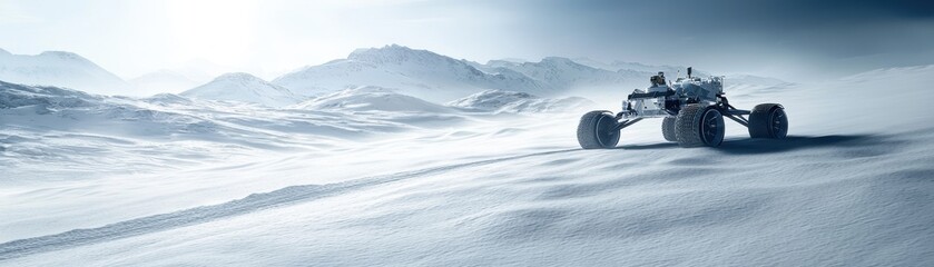 Fototapeta premium A futuristic vehicle traverses a snowy landscape, highlighting exploration and technology in a serene, icy environment.