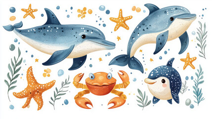 A charming collection of sea animals in cartoon vector style, with dolphins, crabs, starfish, and pufferfish, arranged neatly on an isolated background.