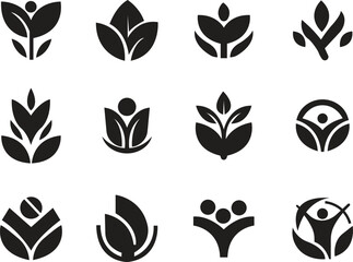 Eco friendly icons set in trendy black flat styles. Ecologic food stamp. Organic natural food vectors illustration. Element designs for natural concept collection isolated on transparent background.