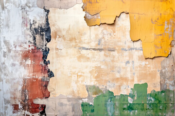 Abstract textured wall with peeling paint in vibrant yellow, green, red, and white tones