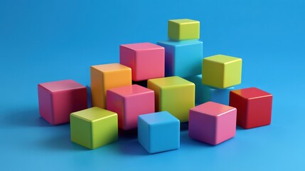 Colorful Blocks Abstract Composition: A vibrant arrangement of glossy cubes on a blue background, showcasing a playful and dynamic visual. Ideal for design, creativity, and childhood themes.