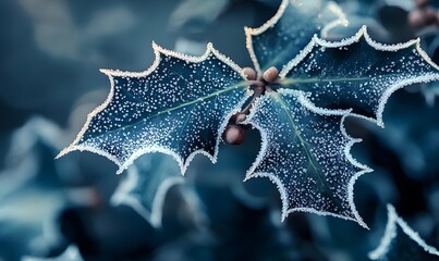 Close-up of frost-covered holly leaves and berries.