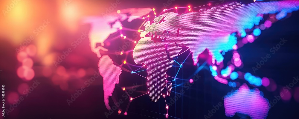 Poster inventory management concept. colorful world map with digital connections representing global techno