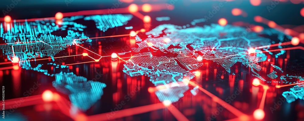 Poster Inventory management concept. Digital world map with neon connections representing global data flow and technology.