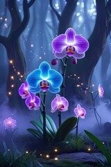 The flowers are in vibrant colors like electric blue and neon purple, surrounded by mystical trees and sparkling fireflies. A soft mist lingers in the air, creating a dreamy, fantasy-like scene