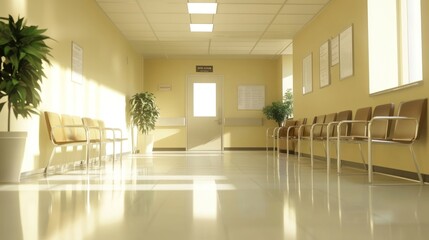 Fototapeta premium Serene Hospital Waiting Area: Sunlit Corridor with Modern Chairs