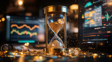 golden hourglass with gold dust flowing inside, symbolizing time and wealth. background features financial charts and glowing lights