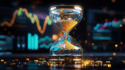 golden hourglass with gold dust flowing inside, symbolizing time and wealth. background features financial graphs and data