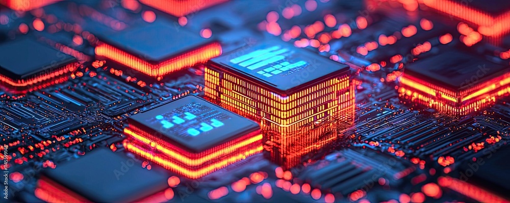 Aufkleber capital cost concept. a close-up view of glowing computer processors on a circuit board.