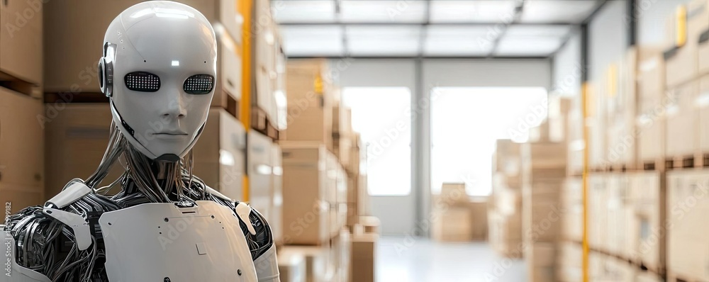 Poster inventory management concept. a modern robot standing in a warehouse filled with stacked cardboard b