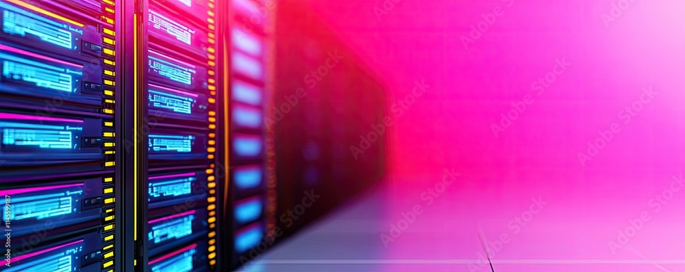 Poster inventory management concept. modern data center with glowing servers and vibrant background lightin