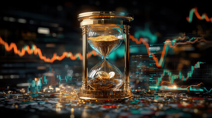 golden hourglass with gold dust flowing inside, symbolizing time and wealth, set against backdrop of financial charts and data