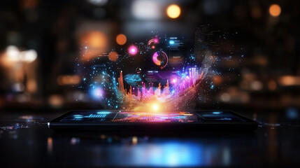 sleek digital dashboard interface with vibrant data visualizations and glowing elements, showcasing advanced technology and analytics