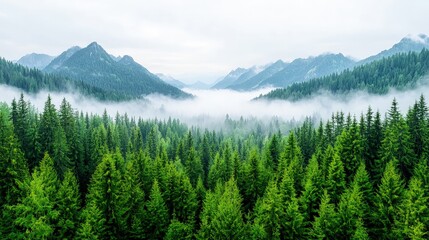 Fototapeta premium Dense green pine forest canopy in a mountain valley filled with morning mist and fog.